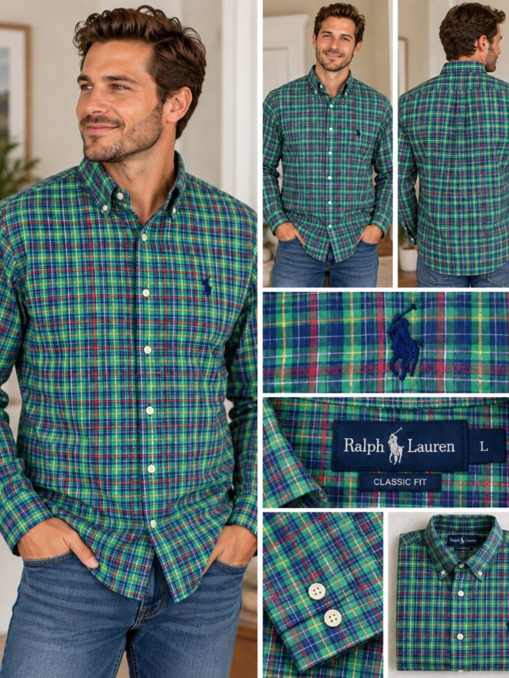 Polo Ralph Lauren Mens L Plaid Button Down Shirt Classic Fit Green Blue Cotton